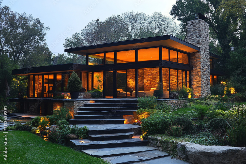 Modern Stone House Illuminated At Dusk With Steps Modern Stone House Illuminated At Dusk With Steps