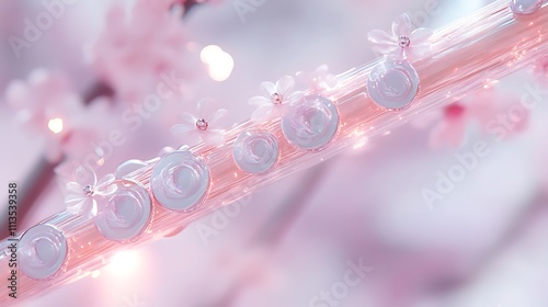 Delicate flute adorned with blossoms rests on a flowering branch.
