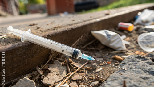 discarded syringe lies on ground among debris, highlighting urban pollution and health risks. scene evokes concern about safety and environmental issues