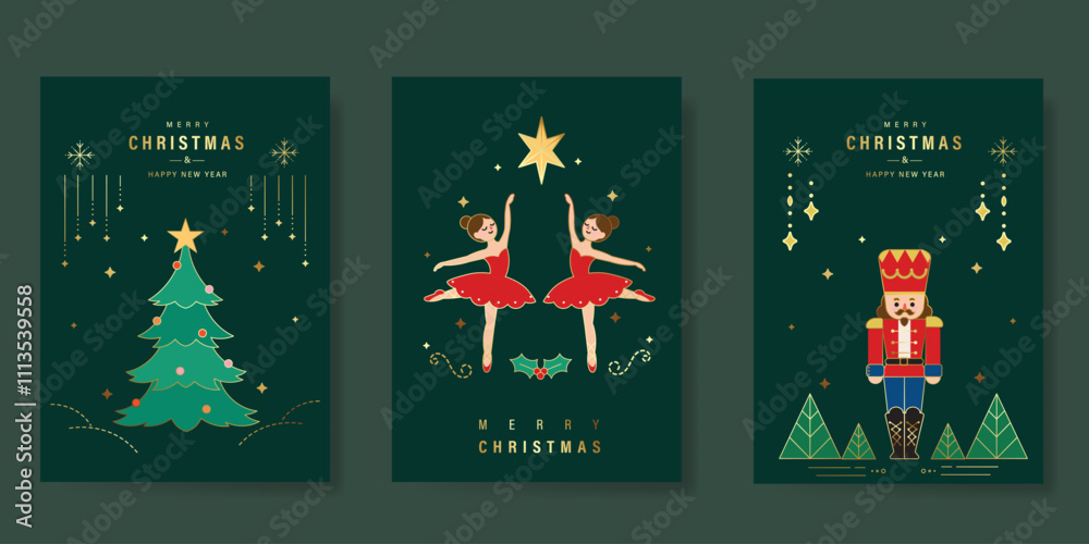 Fototapeta premium Merry Christmas and Happy New Year greeting card vector set. Luxury invitation with tree, bauble, nutcracker, angel, gold line art on green background. Design illustration for season's card, ads.