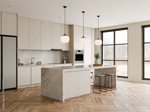Modern Kitchen with Minimalist design and light features, sleek cabinetry, elegant light fixtures, and a spacious island. 3d render.