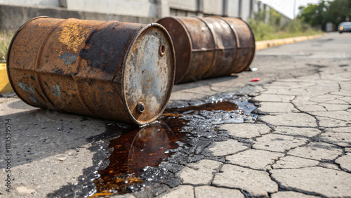 Rusty barrels leaking oil on cracked pavement, highlighting environmental pollution and neglect in urban areas. scene evokes concern for ecological safety