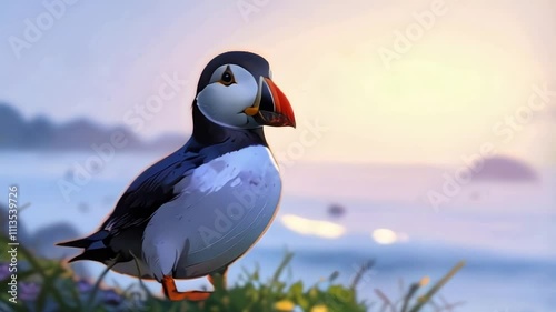 cartoon puffin animated in coastal landscape, perfect for segue, bridge, transition photo