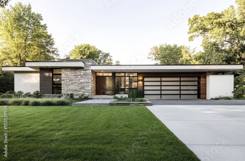 Wallpaper Mural the front view of a modern home in Vancouver, with a white and grey exterior color, stone accents, a double-car garage, a large lawn, and a concrete driveway Torontodigital.ca