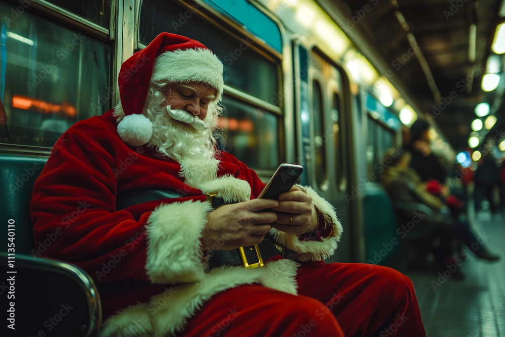 Man dressed as Santa Claus is sitting on a subway train Man dressed as Santa Claus is sitting on a subway train