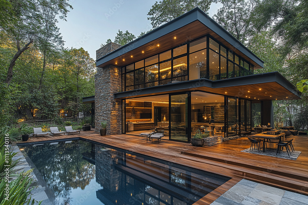 Fototapeta premium Modern Glass House With Pool And Wooden Deck