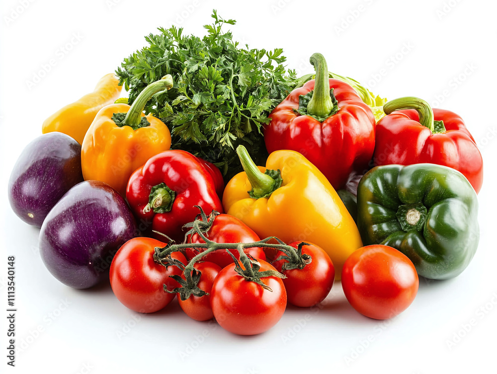 A vibrant vegetable arrangement, including peppers and tomatoes isolated on white background A vibrant vegetable arrangement, including peppers and tomatoes isolated on white background