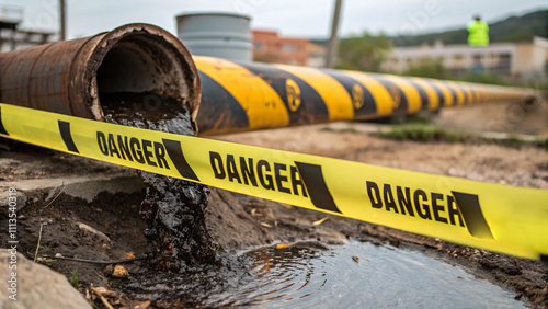 Pollution from pipe with warning tape indicating danger. Contaminated water flows into environment, highlighting environmental hazards and pollution issues