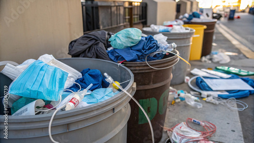 scene depicting overflowing trash bins filled with medical waste, including masks, gloves, and other discarded items, highlighting issue of pollution and waste management