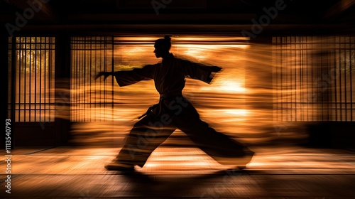 A silhouette of a martial artist in motion against a warm, blurred background.