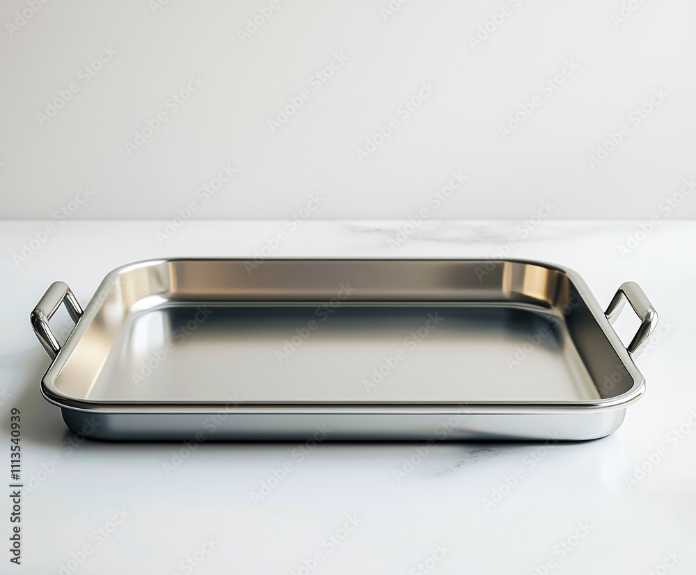 Silver pan with a handle sits on a white countertop Silver pan with a handle sits on a white countertop