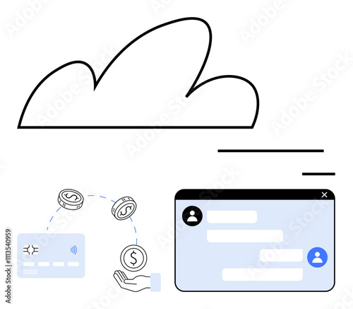 Cloud icon paired with a hand holding coin symbols, credit card, and chat window indicating digital transactions. Ideal for financial tech, cyber security, online banking, cloud storage, digital