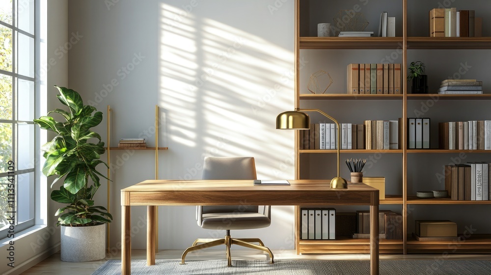 A stylish home office with a minimalist wooden desk A stylish home office with a minimalist wooden desk