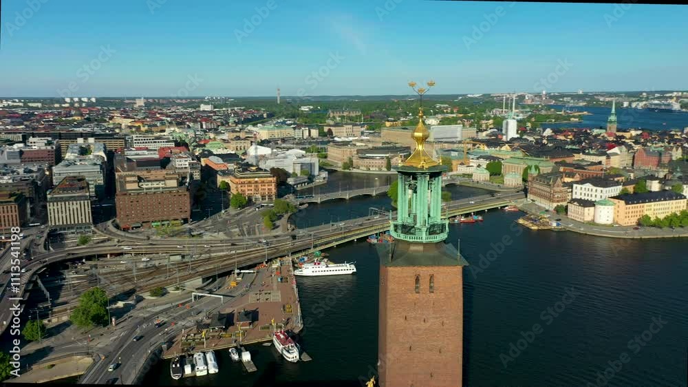 Camera rotating around stockholm city hall tower