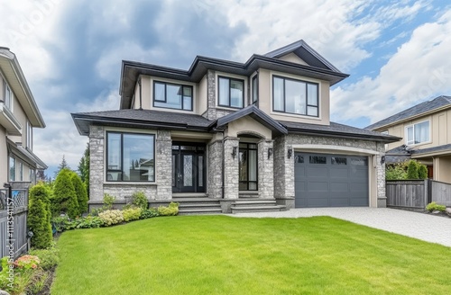 the front view of a modern home in Vancouver  with a minimalist design featuring stone accents and glass windows