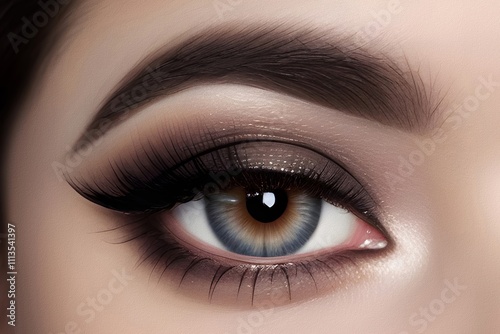 Eye makeup with eyeshadow and arrow. Beautiful macro shot of female eye make-up. Blue eye. Creative fashion make-up. Perfect shape make-up and long lashes. Cosmetics.