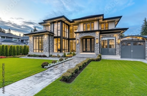 A wide shot of the front view of a modern home in Vancouver, with a minimalist design featuring stone accents and glass windows