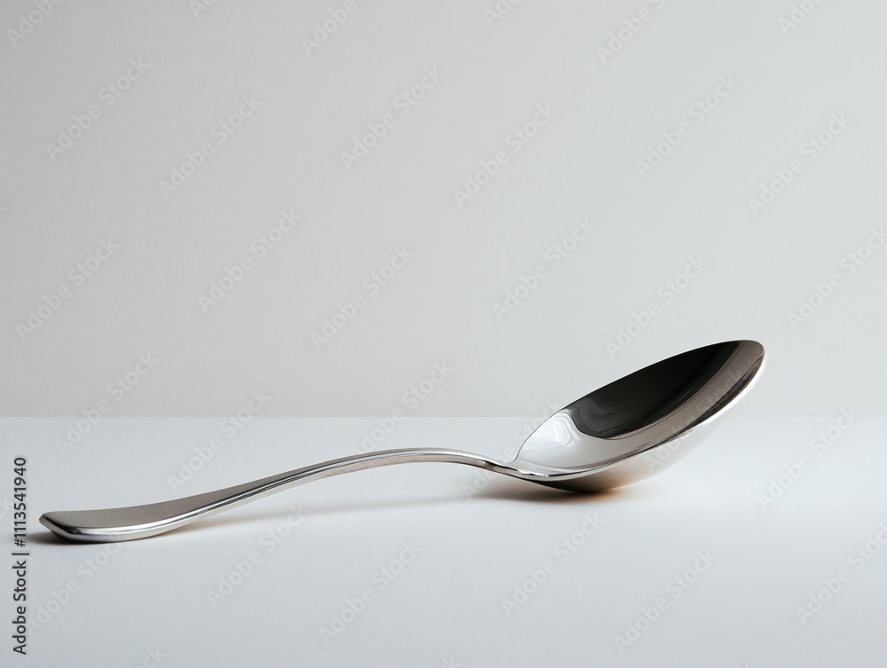 An elegant silver spoon, polished and reflective, on a white backdrop An elegant silver spoon, polished and reflective, on a white backdrop