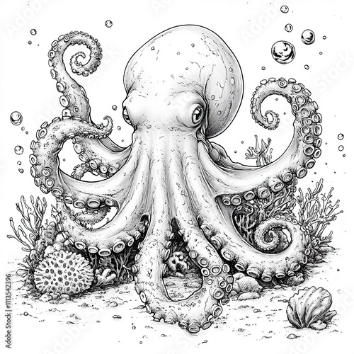 Detailed ink drawing of an octopus in its underwater habitat. photo