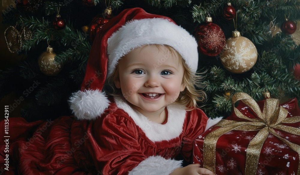 A happy baby girl dressed in a Santa Claus costume with a white hat is sitting on the floor, holding a large red gift box near a Christmas tree A happy baby girl dressed in a Santa Claus costume with a white hat is sitting on the floor, holding a large red gift box near a Christmas tree