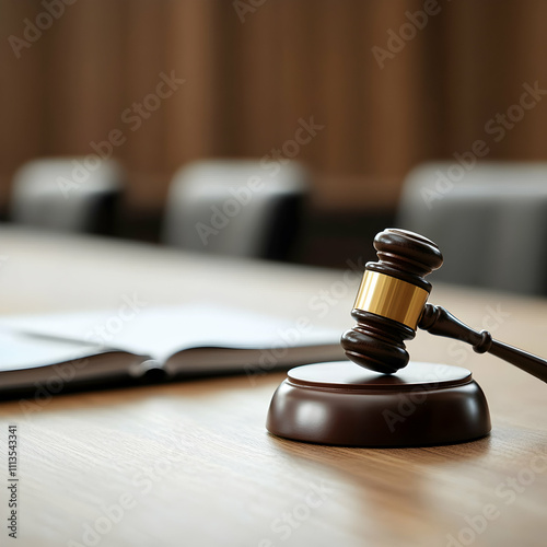 Wooden gavel on a court desk ready for justice.