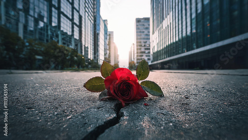 red rose blossom on the asphalt concrete street, 건물 사이에 피어난 장미 photo