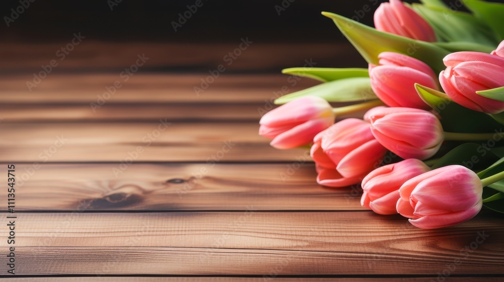 A beautiful arrangement of pink tulips on a rustic wooden background ideal for floral-themed designs, greeting cards, or home decor, This image conveys elegance and warmth, A beautiful arrangement of pink tulips on a rustic wooden background ideal for floral-themed designs, greeting cards, or home decor, This image conveys elegance and warmth,