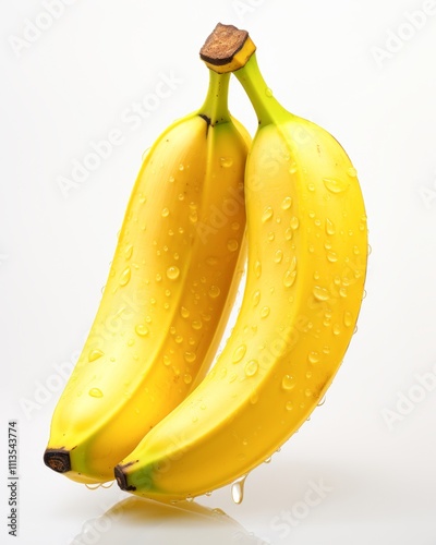 Two fresh, vibrant yellow bananas are depicted, glistening with droplets of water against a clean white background, Ideal for health, nutrition, or culinary themes, photo