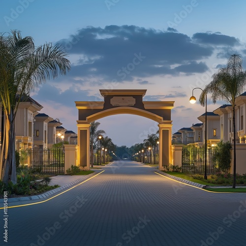 Open plots with a grand entrance arch, wide roads, and solar fencing, highlighting development and security photo