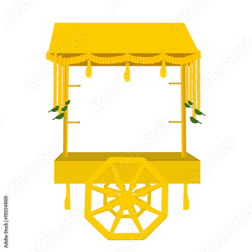 Yellow decorative cart with floral marigold hangings, toran and parrot vector for haldi invitation, mehendi ceremony invite, sangeet decor, bhaat and maayra, traditional indian wedding invite setup