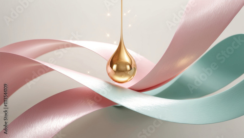 golden droplet glistens in the center of undulating, ribbon like waves of soft pastel hues, predominantly gentle pink and teal, evoking a sense of weightlessness and ethereal beauty photo