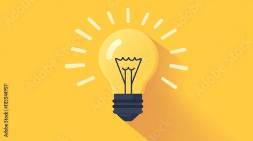 A lightbulb with rays emanating from it on a yellow background.