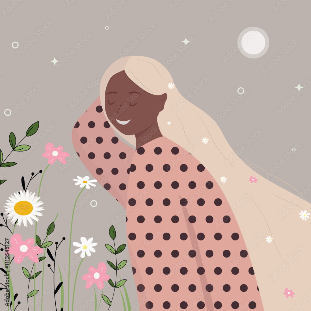 Vector illustration of a young sexy woman with long hair breathing in fresh spring air. Vector illustration of a young sexy woman with long hair breathing in fresh spring air.
