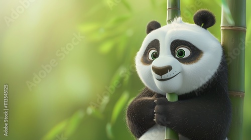 A happy little panda hugging a bamboo stick against a serene green background