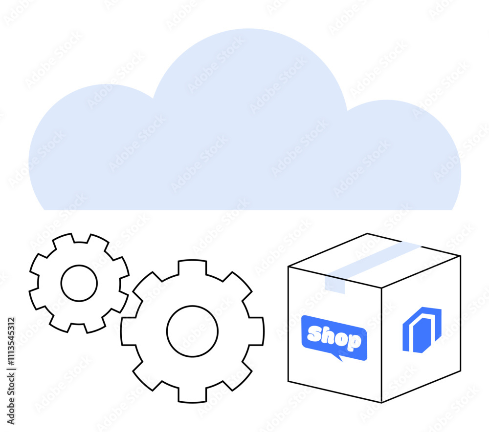 Cloud background, two mechanical gears, and a delivery package box with e-commerce shop label. Ideal for cloud technology, e-commerce, online shopping, shipping, logistics, digital marketing Cloud background, two mechanical gears, and a delivery package box with e-commerce shop label. Ideal for cloud technology, e-commerce, online shopping, shipping, logistics, digital marketing
