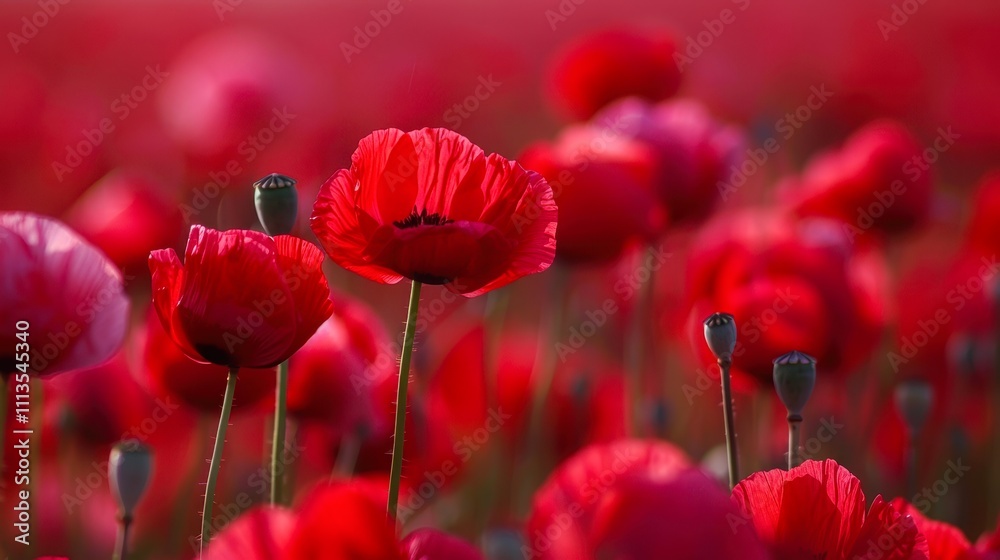 Obraz premium Vibrant red poppies bloom abundantly in a field, creating a stunning visual display, This image can be used for nature-related content, floral designs, or to evoke feelings of beauty and tranquility,