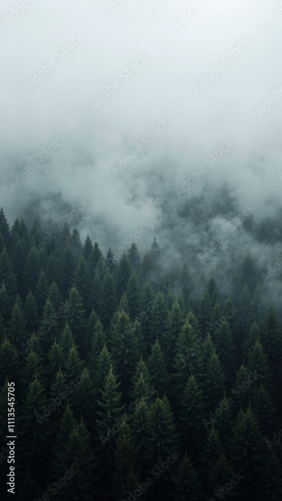 Enchanting Wall of Fir Trees in Fog: Perfect for Nature-Inspired Designs, Travel Brochures, and Mindfulness Campaigns Enchanting Wall of Fir Trees in Fog: Perfect for Nature-Inspired Designs, Travel Brochures, and Mindfulness Campaigns