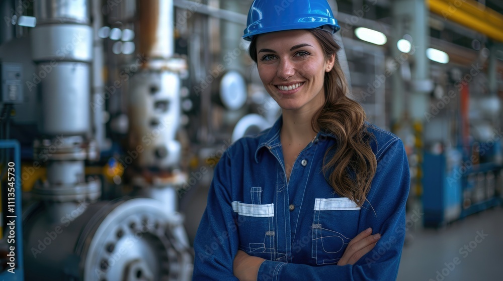 Female engineer smiling confidently in a factory setting, wearing a blue safety helmet, standing in a well-lit modern industrial environment with machines and tools in the background. Female engineer smiling confidently in a factory setting, wearing a blue safety helmet, standing in a well-lit modern industrial environment with machines and tools in the background.