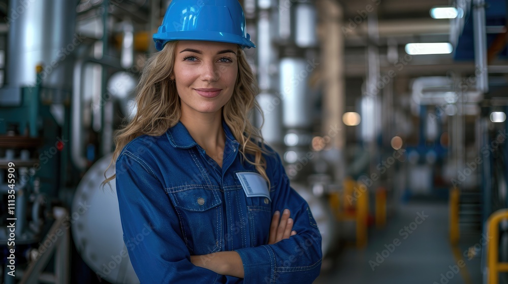 Female engineer smiling confidently in a factory setting, wearing a blue safety helmet, standing in a well-lit modern industrial environment with machines and tools in the background. Female engineer smiling confidently in a factory setting, wearing a blue safety helmet, standing in a well-lit modern industrial environment with machines and tools in the background.