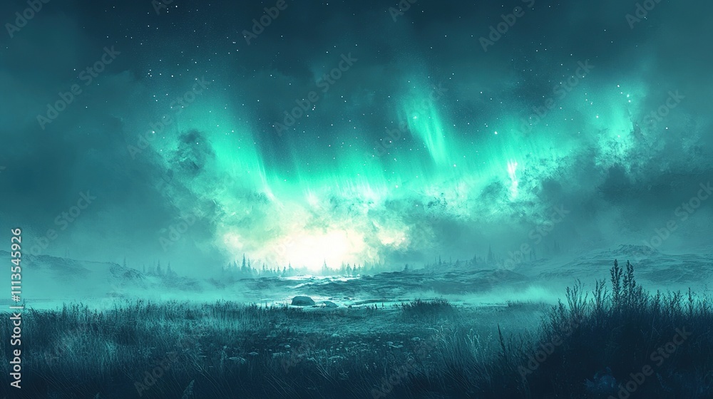 Fototapeta premium A serene landscape illuminated by vibrant auroras in a misty night sky.