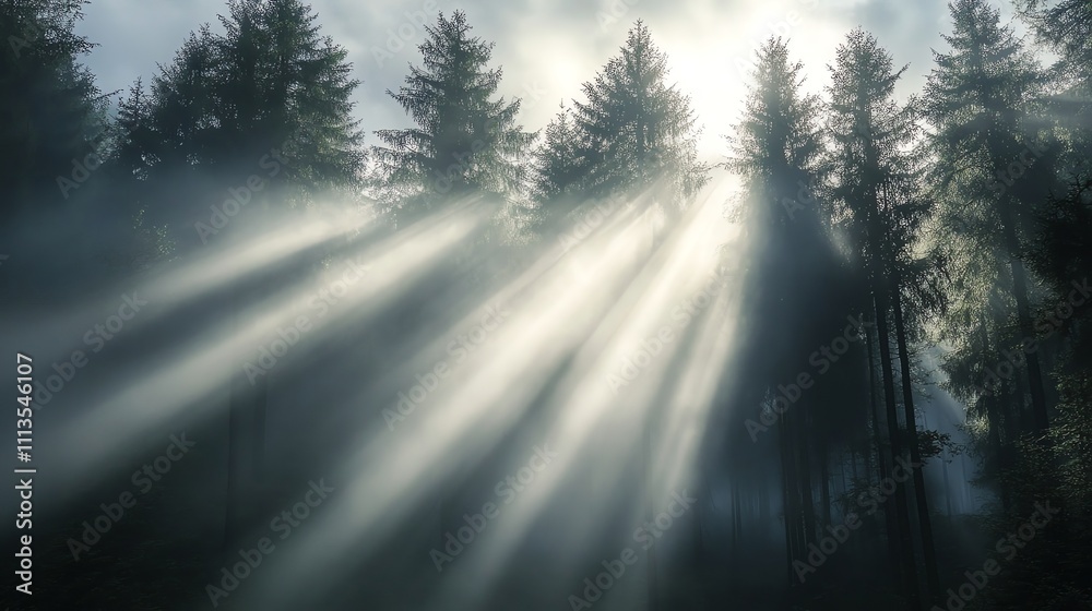 Sunlight beams through the fog in a dark forest. Sunlight beams through the fog in a dark forest.
