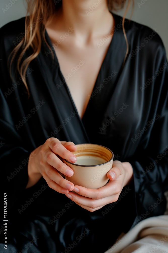 woman in black silk pajamas sitting on the bed with a cup of coffee woman in black silk pajamas sitting on the bed with a cup of coffee