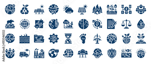 climate change environmental issues set dark blue flat icons, recycle technology development green
