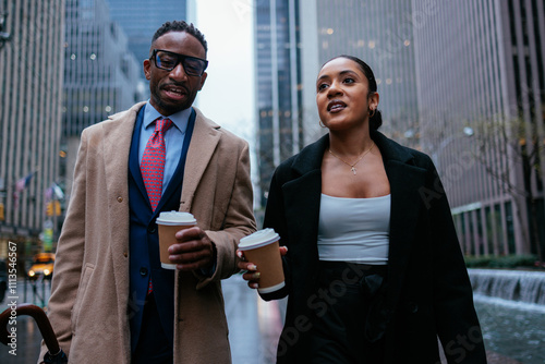 Two business colleagues walking and talking in new york city