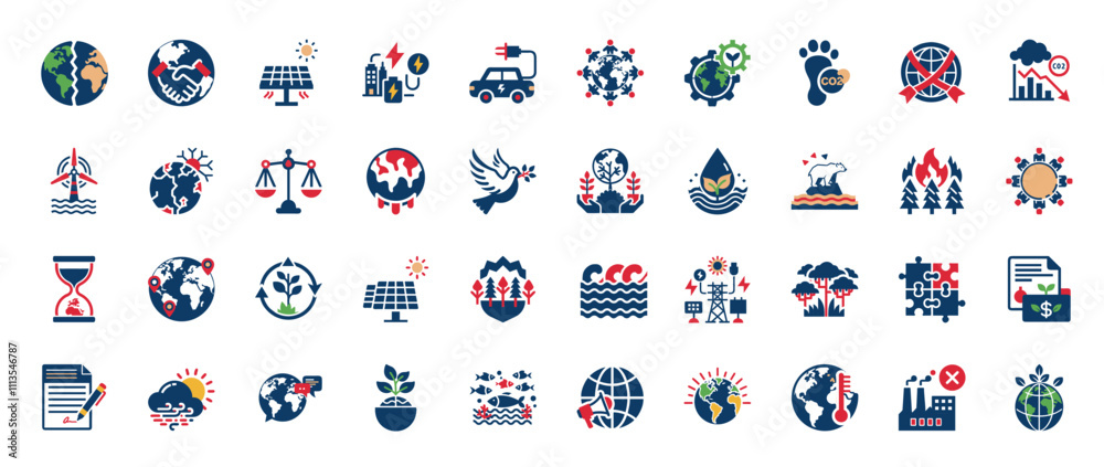 Fototapeta premium environmental issues alternative energy set, flat design icons, climate change pollution deforestation global warming, dioxide footprint development carbon