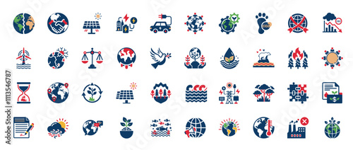 environmental issues alternative energy set, flat design icons, climate change  pollution deforestation global warming, dioxide footprint development carbon