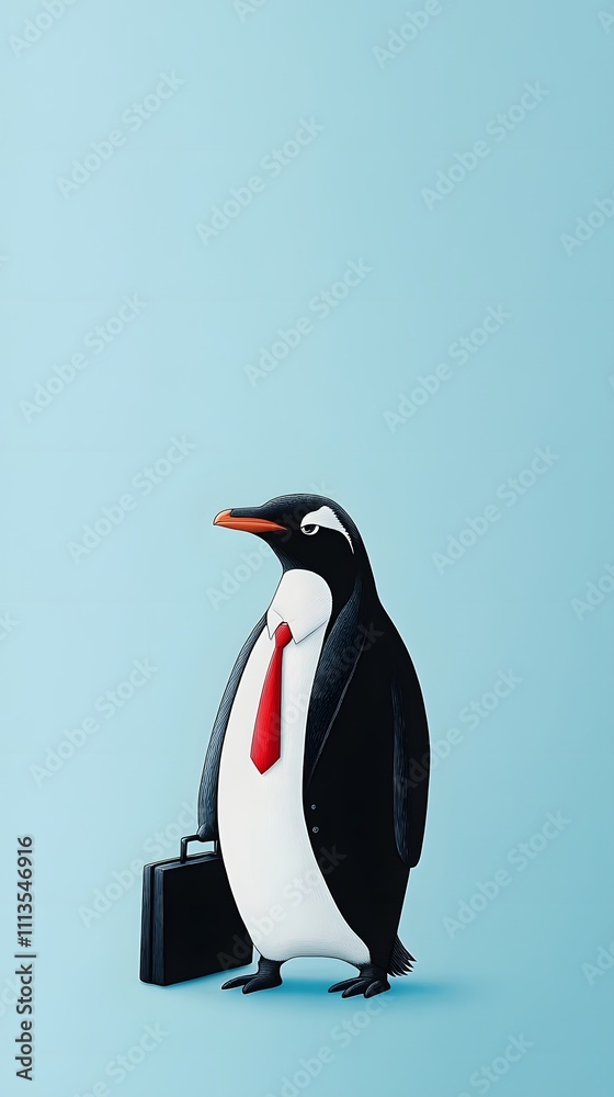 Fototapeta premium A penguin in a black suit and red tie, standing confidently with a briefcase, against a light blue background with plenty of empty space.