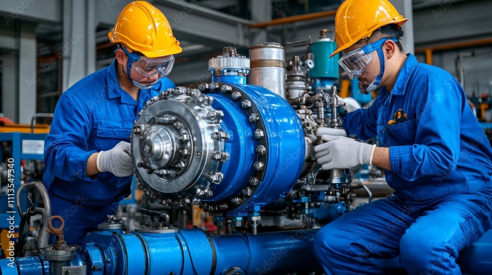 custom made wallpaper toronto digitalIndustrial Teamwork: Precision and Focus: Two skilled workers in hard hats and protective gear collaborate to assemble a large industrial machine, showcasing their expertise, attention to detail.