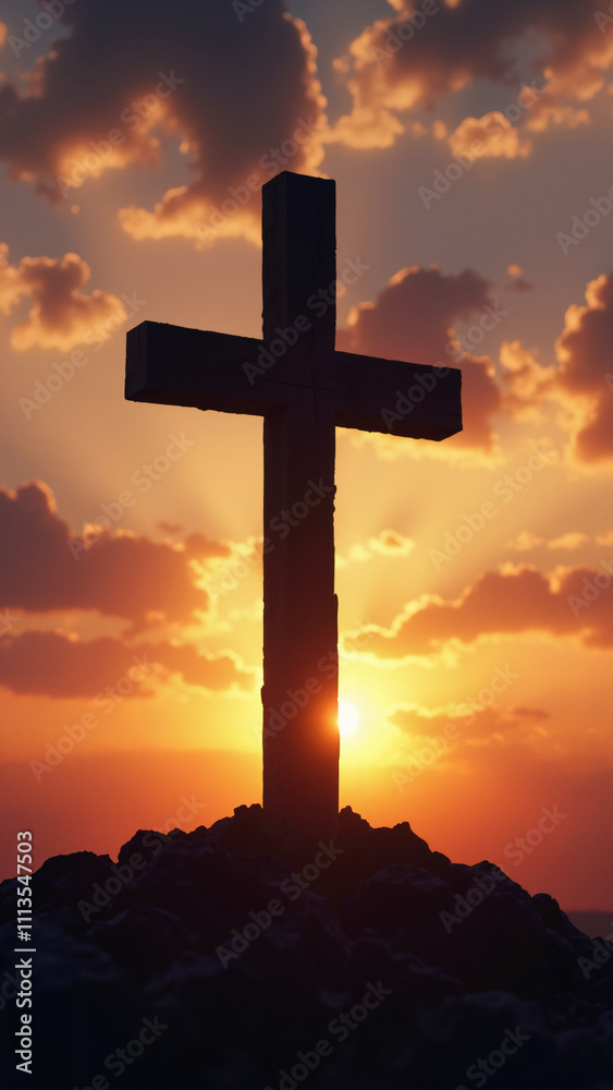 Silhouetted Wooden Cross Against Vibrant Sunset Sky: Perfect for Easter Promotions and Religious Media Silhouetted Wooden Cross Against Vibrant Sunset Sky: Perfect for Easter Promotions and Religious Media
