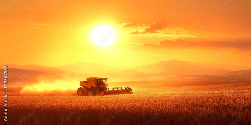 Fototapeta premium Golden Sunset Over Wheat Field with Combine Harvester in Action, Capturing the Essence of Agriculture and Nature’s Beauty in Silhouette